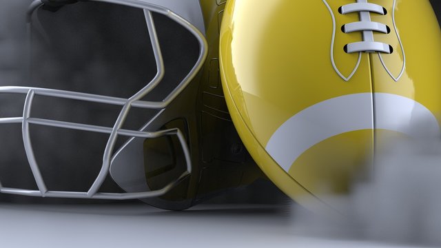 American football White-Yellow helmet and Ball with dark black toned foggy smoke under black-white laser lighting. 3D illustration. 3D high quality rendering.