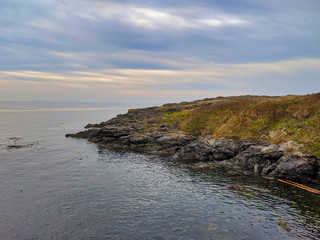 Grassy, rocky shoreline of San Juan Island, WA, on a cloudy, blue day