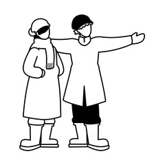 couple of people standing with winter clothes on white background