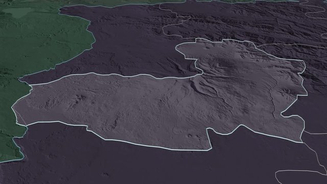 Aragatsotn, province with its capital, zoomed and extruded on the administrative map of Armenia in the conformal Stereographic projection. Animation 3D
