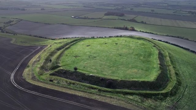 Aerial view of the Iron Age hill top fort of Barbary Castle, Wilshire. This two thousand five hundred year old fort is located on the Ridgeway, on the north Marlborough Downs, overlooking Swindon