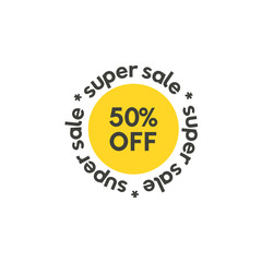Trendy circle Super Sale promo banner vector design. 50% off discount