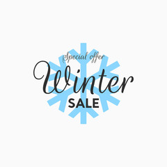 Trendy winter sale lettering banner. Snowflake sticker promo illustration.