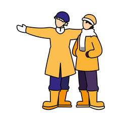 men standing with winter clothes on white background