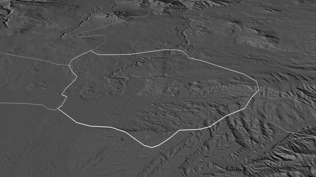 Erevan, city with its capital, zoomed and extruded on the bilevel map of Armenia in the conformal Stereographic projection. Animation 3D