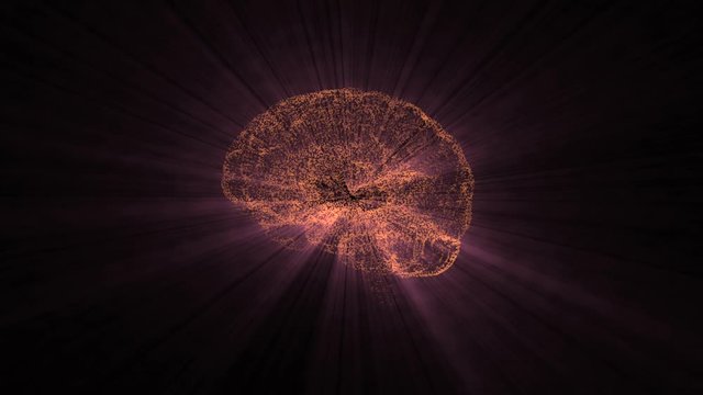 A rotating human brain electrically charging from an internal electricity source, changing colour.