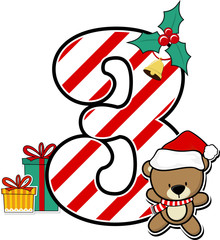 number 3 with cute teddy bear and christmas design elements isolated on white background. can be used for holiday season card, nursery decoration or christmas celebration invitation