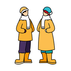 couple of people standing with winter clothes on white background