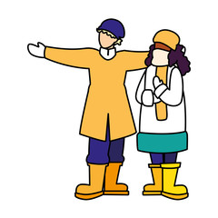 couple of people standing with winter clothes on white background