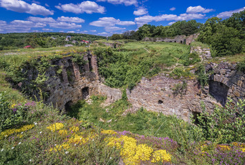 Walls of ruined castle on the edge of Gniezny canyon in Terebovlia town, Ukraine