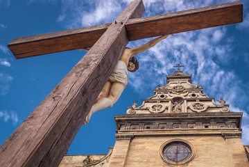 Cross next to Church of St Andrew, part of former Bernardine monastery in Lviv, Ukraine