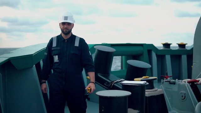 Marine Deck Officer or Chief mate on deck of offshore vessel or ship.