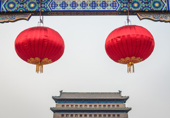 So called Archery tower in front of Zhengyangmen gatehouse in Beijing capital city of China, view...