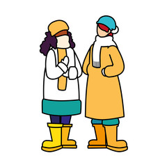 women standing with winter clothes on white background