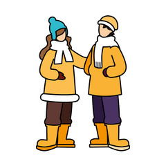 couple of people standing with winter clothes on white background