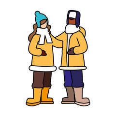 couple of people standing with winter clothes on white background