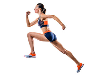 one young caucasian woman runner running jogger jogging athletics competition isolated on white background