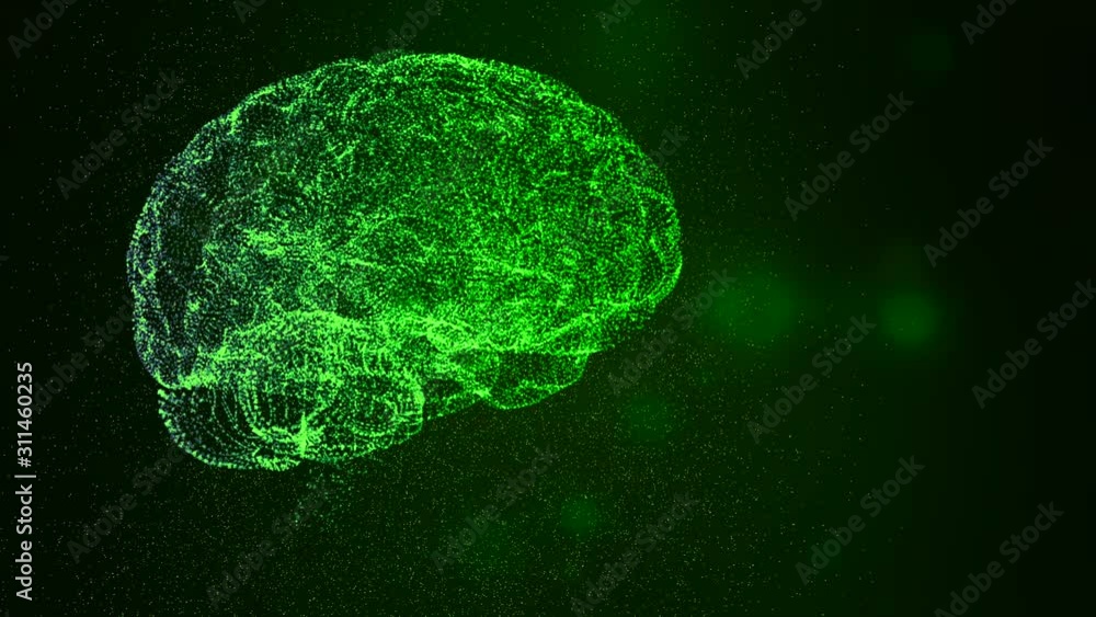 Poster magically designed human brain floating in space of colorful bokeh particles.