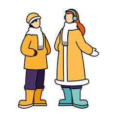 couple of people standing with winter clothes on white background
