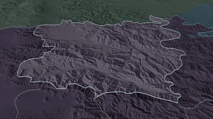 Lori, province with its capital, zoomed and extruded on the administrative map of Armenia in the conformal Stereographic projection. Animation 3D