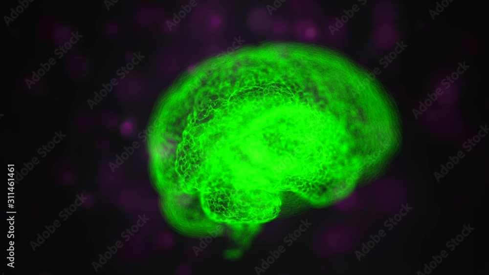 Poster magically designed human brain floating in space of colorful bokeh particles.