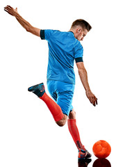 one caucasian youg soccer player man standing in studio isolated on white background