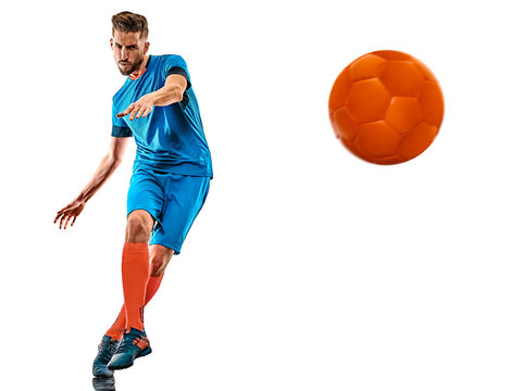 one caucasian youg soccer player man standing in studio isolated on white background