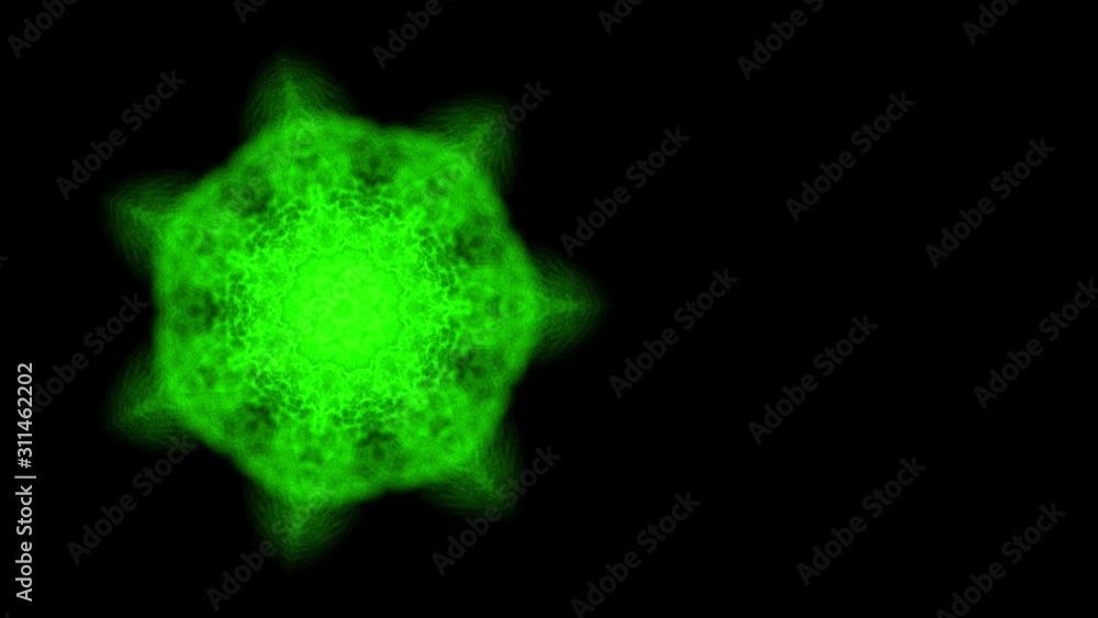 Poster symmetrical pattern which looks like spiderweb or flower spreading and narrowing, changing colors on