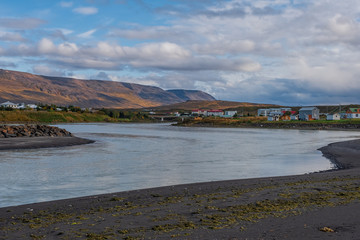Village of Blonduos, Northwest Iceland. Place of birdwatching. September 2019