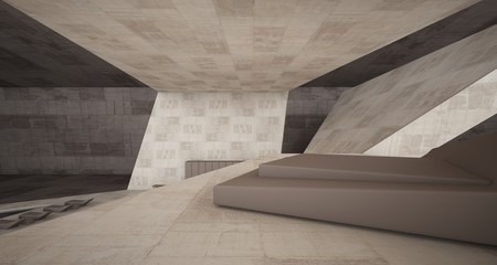 Abstract architectural concrete interior of a minimalist house with swimming pool. 3D illustration and rendering.
