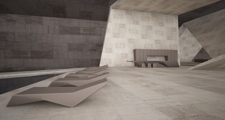 Abstract architectural concrete interior of a minimalist house with swimming pool. 3D illustration and rendering.