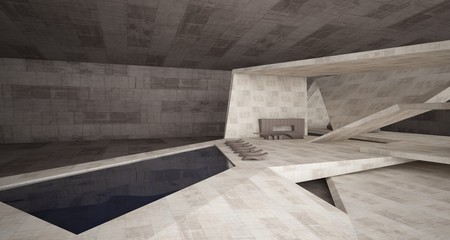 Abstract architectural concrete interior of a minimalist house with swimming pool. 3D illustration and rendering.