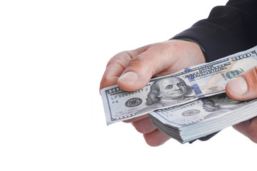 Business man holding money on white background