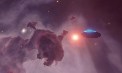 Flying saucer in space with nebula and stars