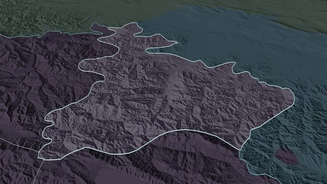Tavush, province with its capital, zoomed and extruded on the administrative map of Armenia in the conformal Stereographic projection. Animation 3D