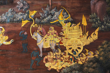 Thai Mural Paintings on the wall depicting the scenes of Ramayana, the ancient Indian epic in Wat Phra Kaew, Bangkok, Thailand