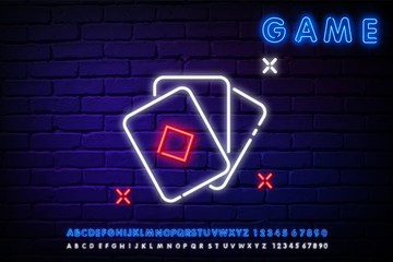 Online casino is a neon sign. Logo symbol in neon style bright banner billboard night, bright neon poker, gambling casino for your projects. deck of cards neon icon