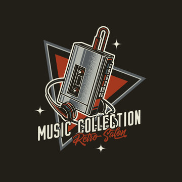 Original vector emblem in retro style. Old cassette player with retro style headphones