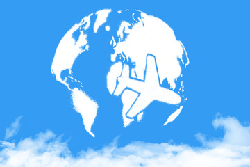 World map and plane shaped clouds on blue sky