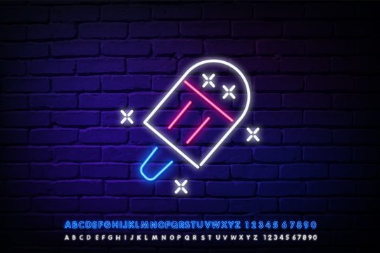 neon Glow Signboard with white Ice Cream. Frozen Fruit, Sorbet, Sundae, Popsicle. Neon Template for Flyer, Poster, Banner, Playbill, Invitation. Brick Wall. Vector 3d Illustration.