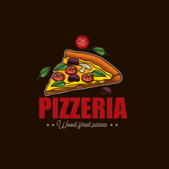 Original vector emblem in retro style. Pizza with olives, salami, mushrooms and herbs.