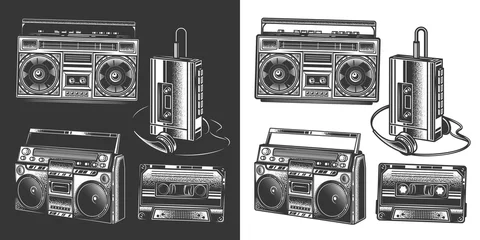Poster Original monochrome vector music set in retro style. Boombox, music player, audio cassette. © artmarsa