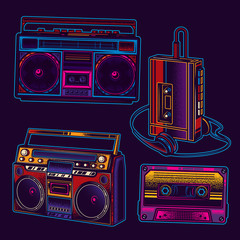 Original-Vektormusik im Retro-Stil. Boombox, Musikplayer, Audiokassette. © artmarsa