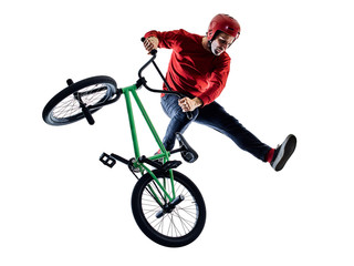 one young caucasian man BMX rider cyclist cycling freestyle acrobatic stunt in studio isolated on white background - Powered by Adobe