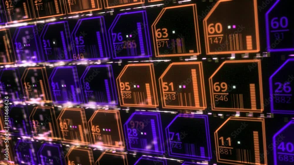 Poster futuristic computer interface background with cells. animation. lots of glowing cells and numbers in