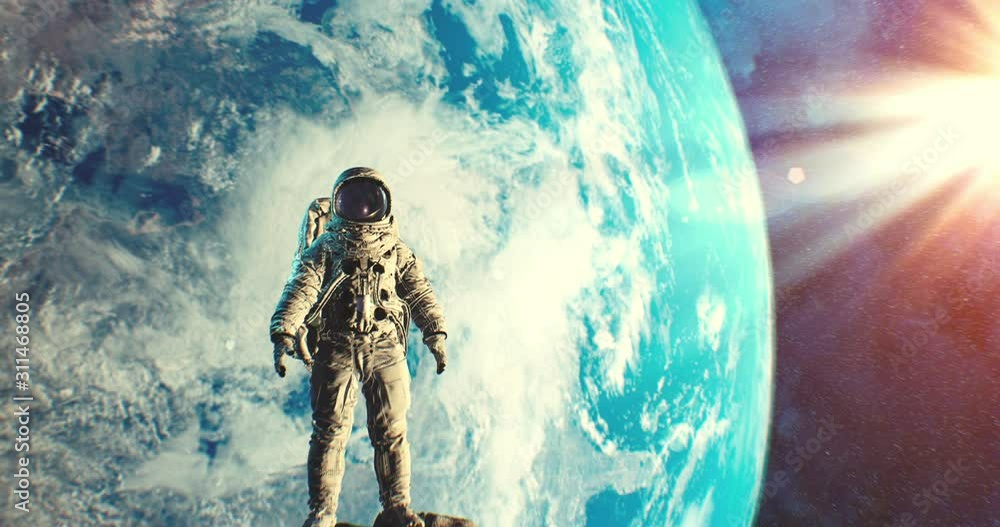 Wall mural astronaut armstrong standing on moon surface in space with earth and sun on background