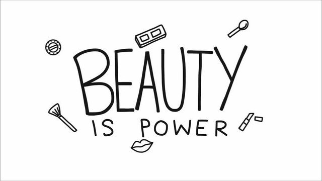 Beauty is power word and cosmetic icon doodle style illustration