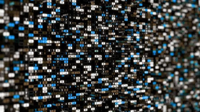 Background of many numbers. Animation. Coding of digital space with changing numbers vertically. Matrix multi-colored digital space