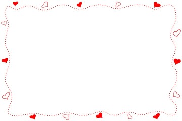 Red line dot border and many hearts on white background. Valentine's day.