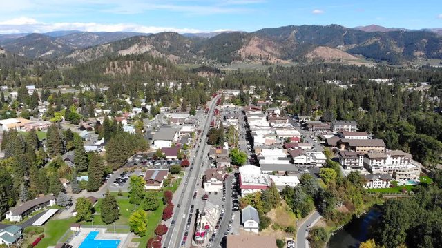 Aerial footage of Leavenworth Bavarian Village, Washington, USA